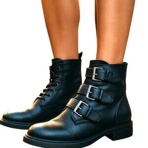 B 7 Black Women's Biker Ankle Boots Buckles Zippers Shoe